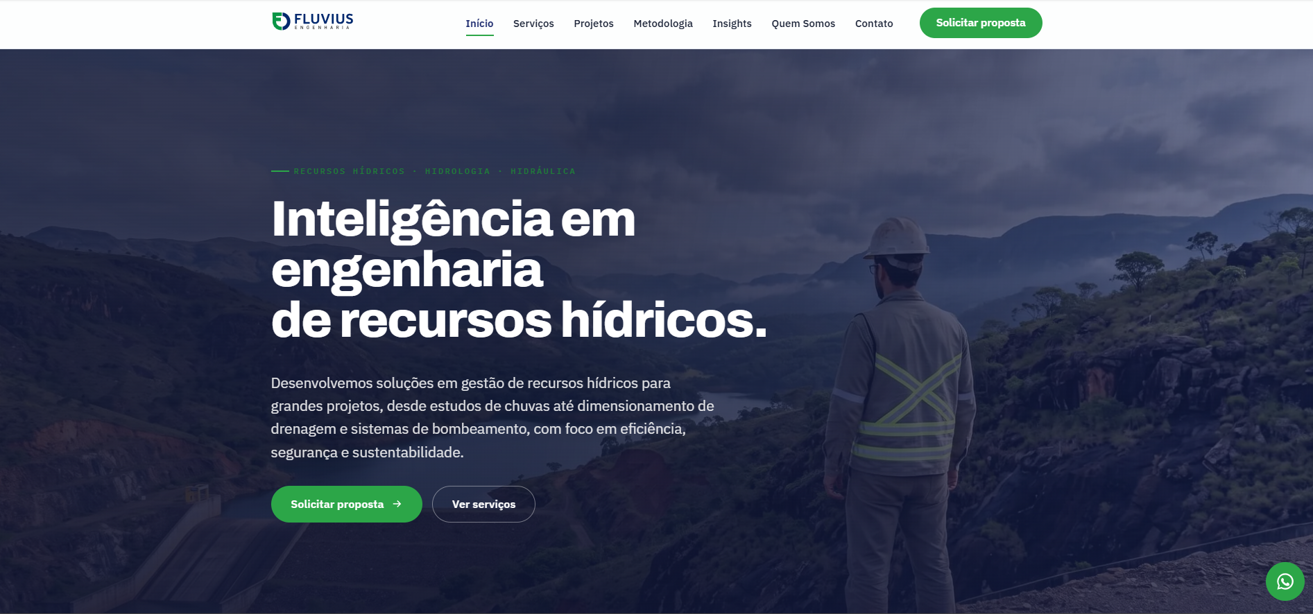 Página inicial do site da Fluvius Engenharia, com o título "Inteligência em engenharia de recursos hídricos" e chamadas para solicitar proposta ou ver serviços.
