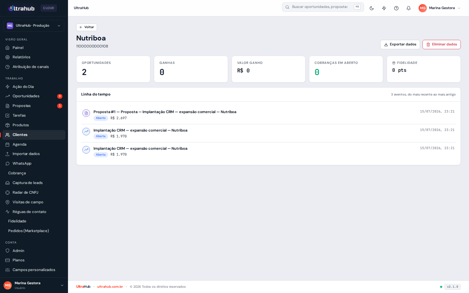 Tela de Cliente 360 do UltraHub CRM mostrando o histórico do cliente, com oportunidades e propostas na linha do tempo.