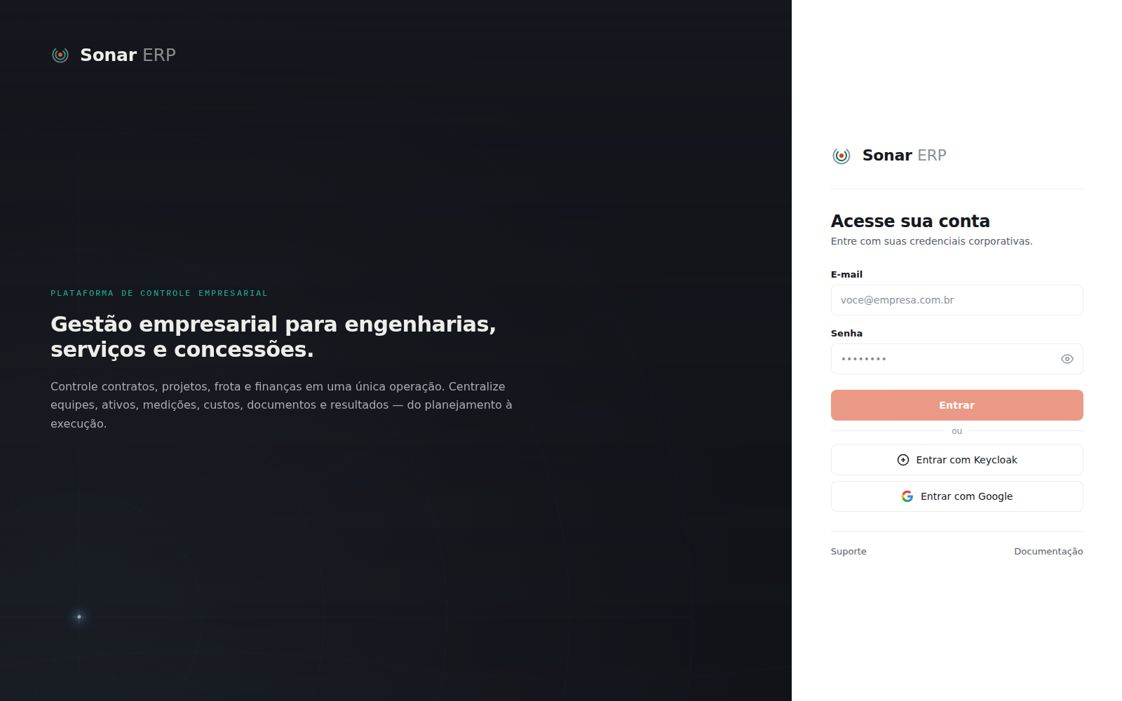 Tela de login do Sonar ERP com formulário de e-mail e senha, opções de entrar com Keycloak ou Google, e headline descrevendo a plataforma de gestão empresarial.